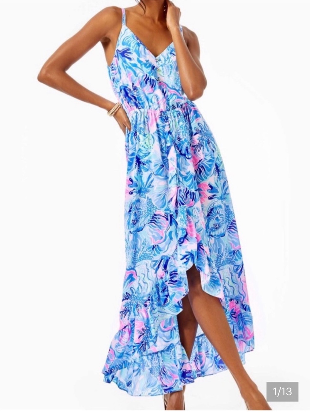 Lilly Pulitzer Blue and Pink Tropical Print Maxi Dress